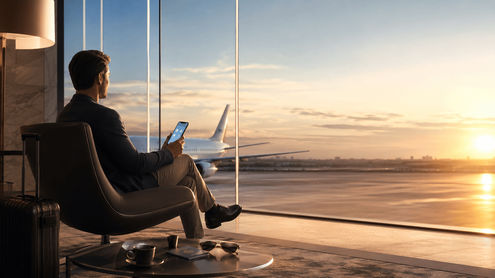 Modern airport lounge at golden hour with warm sunlight streaming through windows