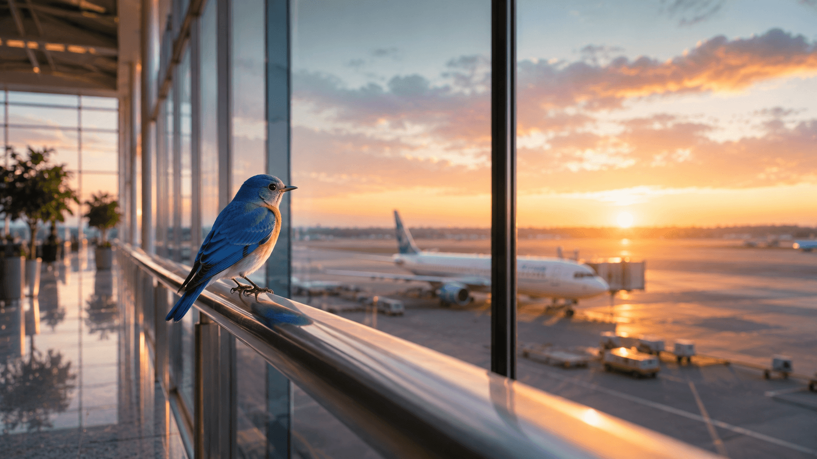 Bright modern airport terminal with morning sunlight