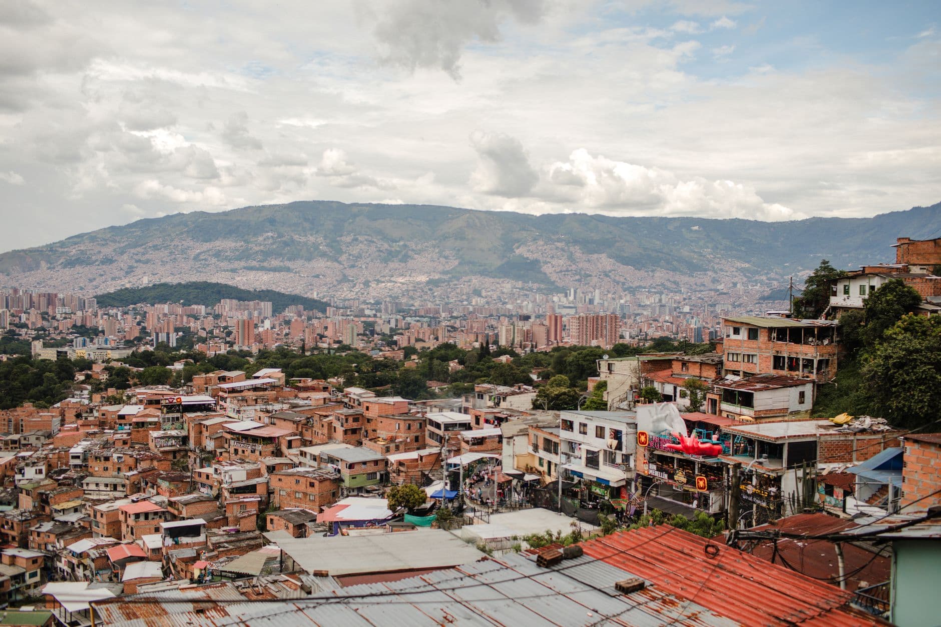 Medellin Colombia city valley surrounded by green mountains